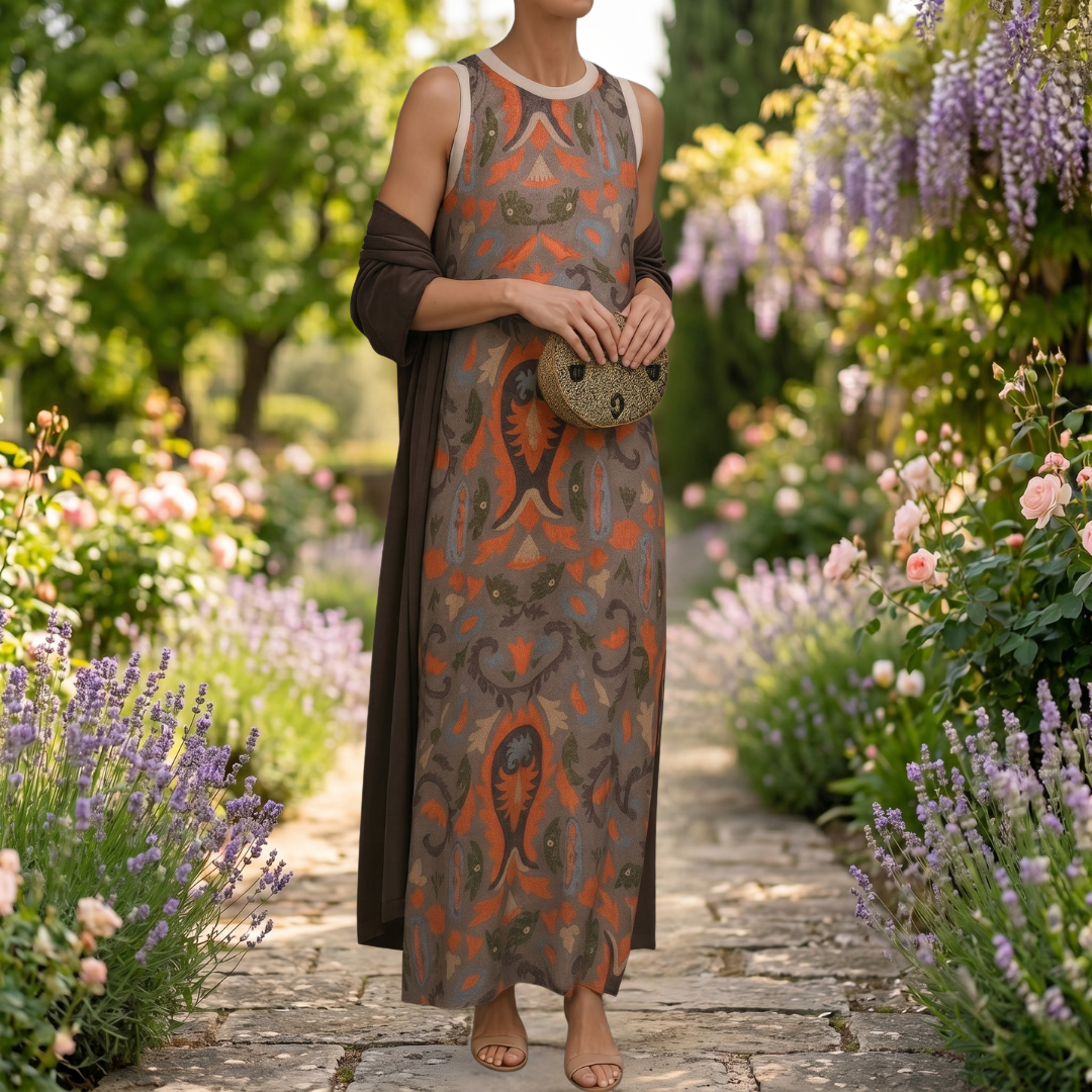 Aura | Vestido Largo Estampado con Chaleco Coordinado