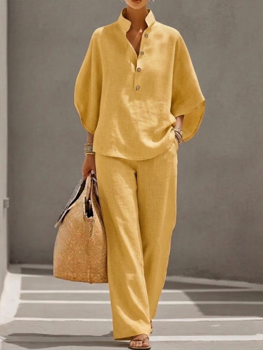Conjunto De Lino Mujer Con Manga Murciélago Y Pantalón Ancho