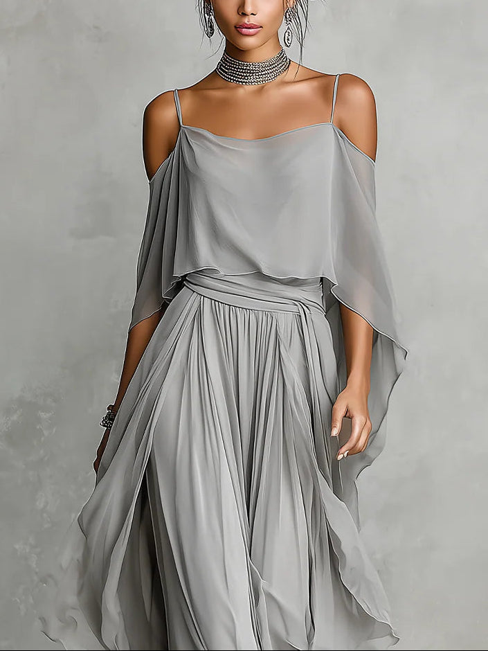 Isabella | Top Gris Fluido y Conjunto de Pantalones de Chifón • S1