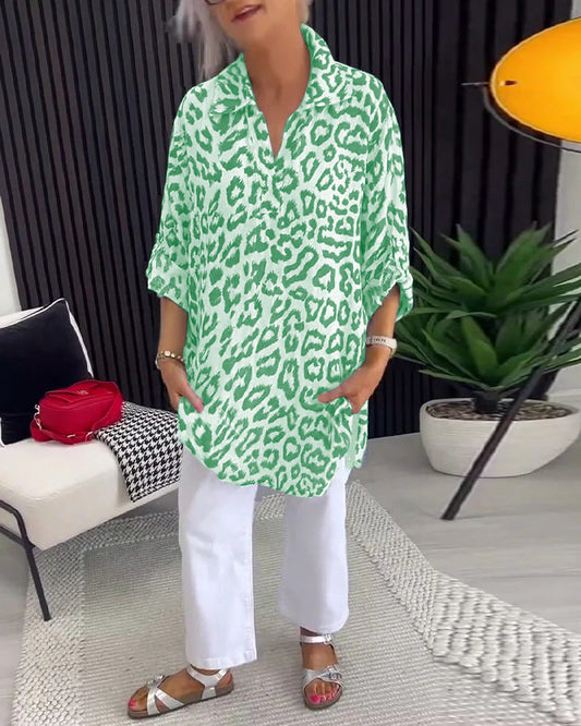Isobel™ Blusa Elegante de Cuello con Estampado de Leopardo