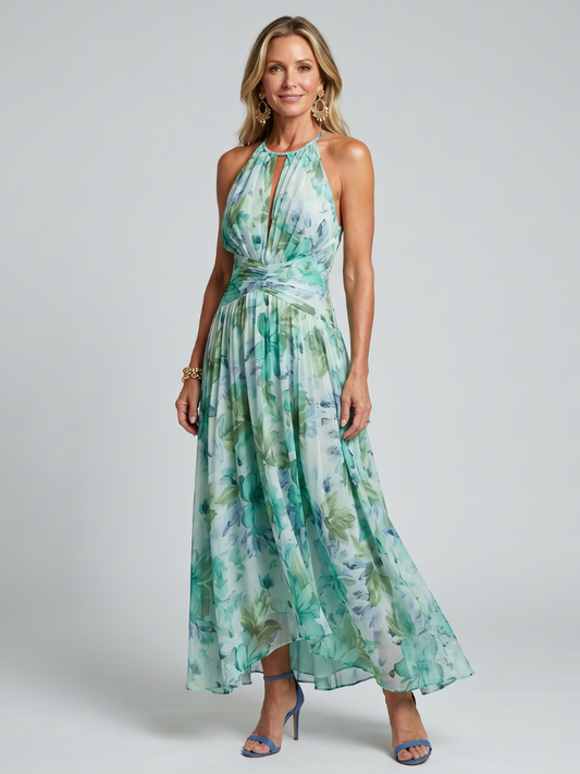 Portia™ Vestido Midi Halter Plisado con Estampado Floral Suave
