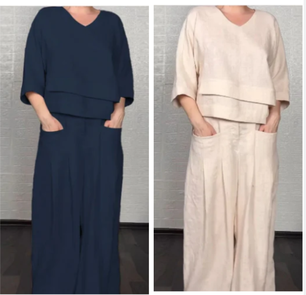 Liza | Conjunto de algodón-lino de 2 piezas – Top de cuello en V y pantalones de pierna ancha • S1