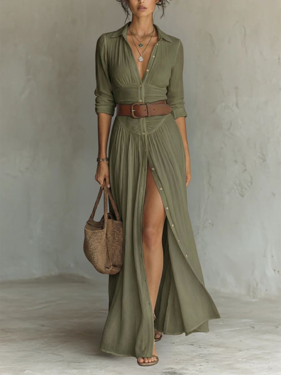 Vestido Maxi Largo con Cuello Notch y Mangas Largas para Mujeres • S1