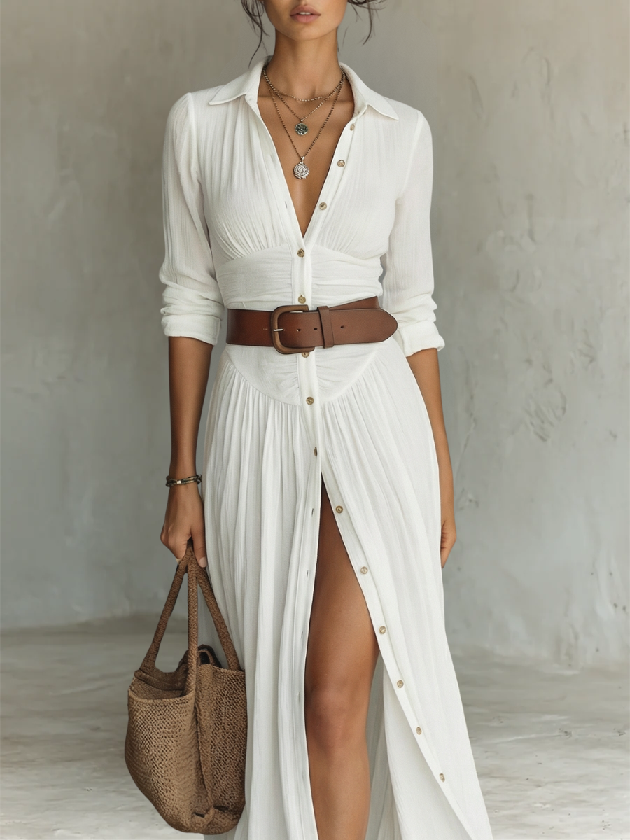 Vestido Maxi Largo con Cuello Notch y Mangas Largas para Mujeres • S1