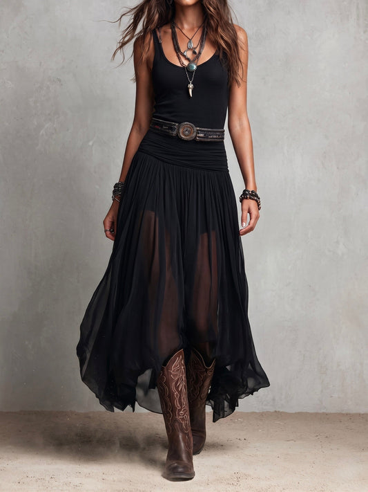 Vestido largo elástico estilo bohemio western negro con falda transparente