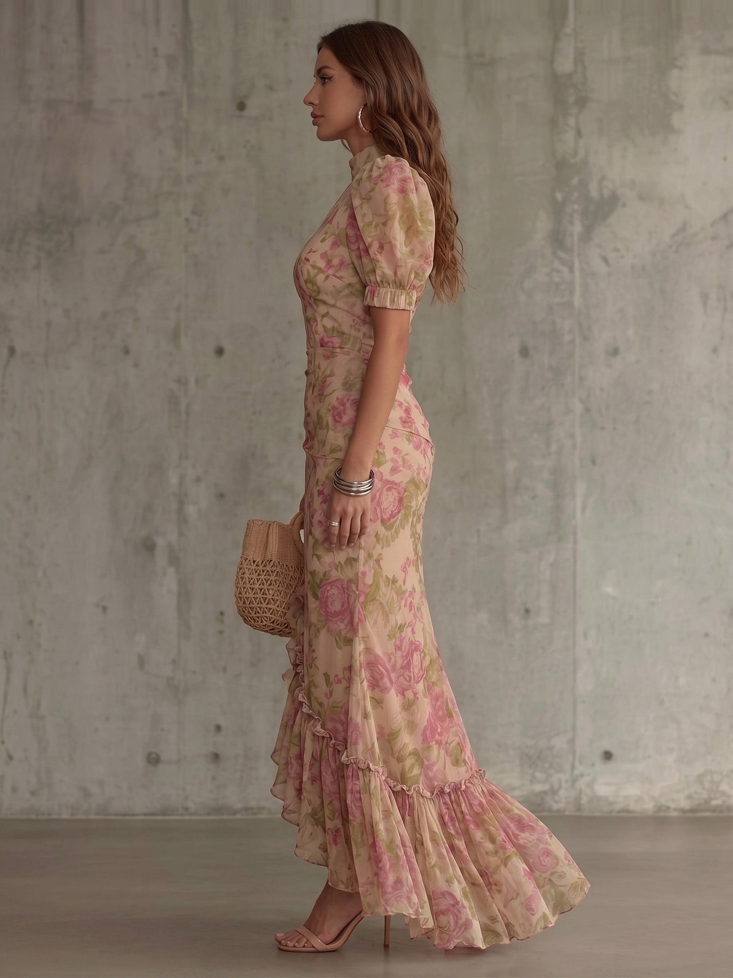 Fiona - Vestido largo con estampado de rosas vintage y mangas abullonadas