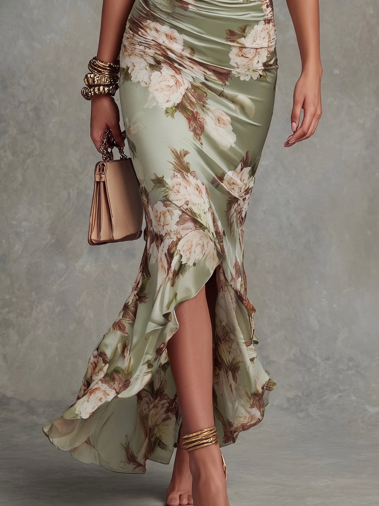 Anastasia | Vestido largo de satén con estampado floral