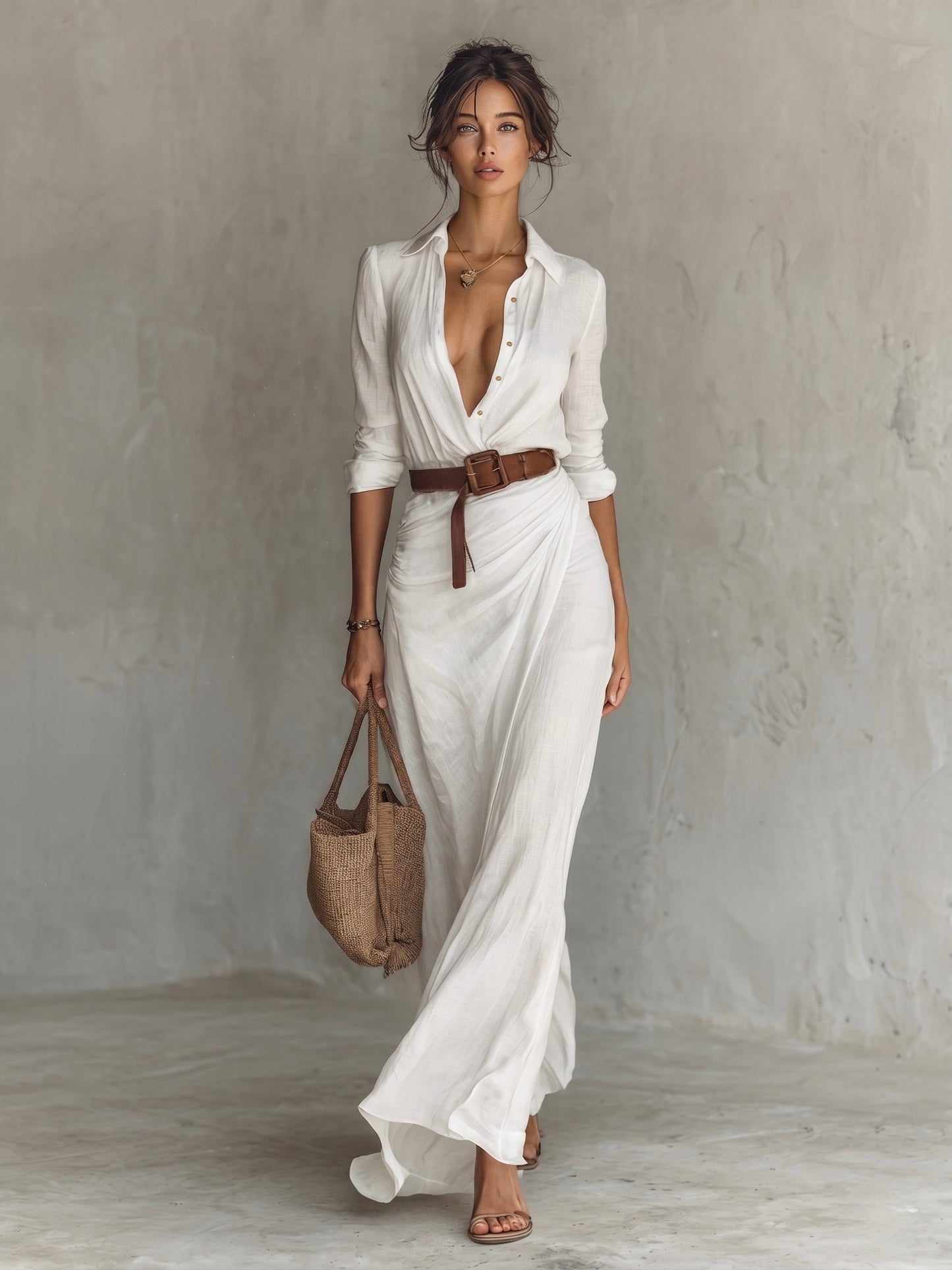 Vestido largo de manga larga con cuello de solapa para mujer