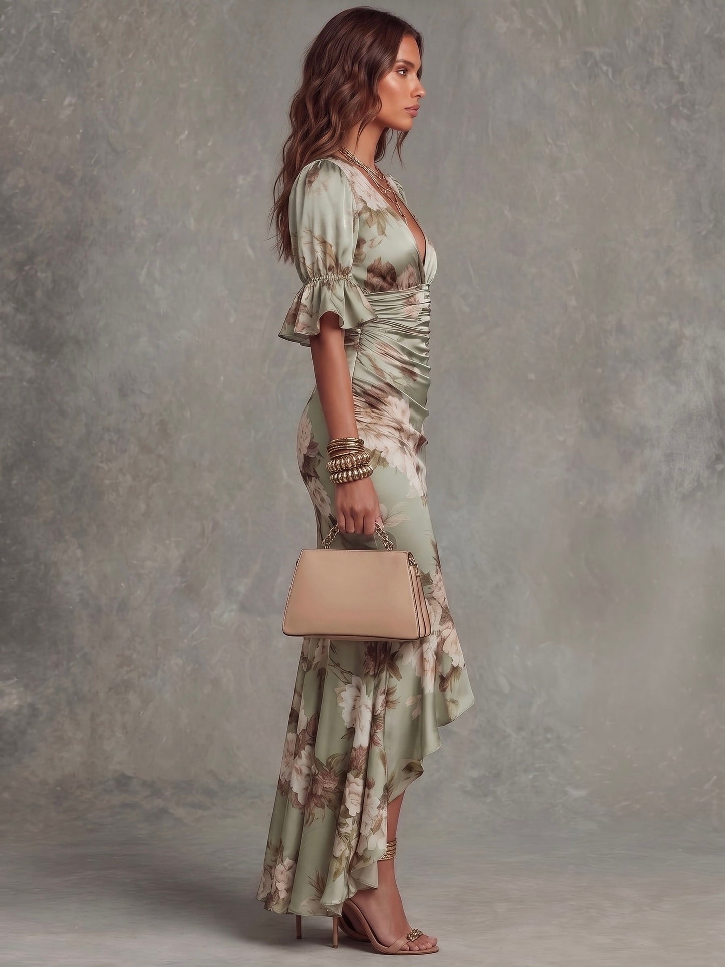 Anastasia | Vestido largo de satén con estampado floral