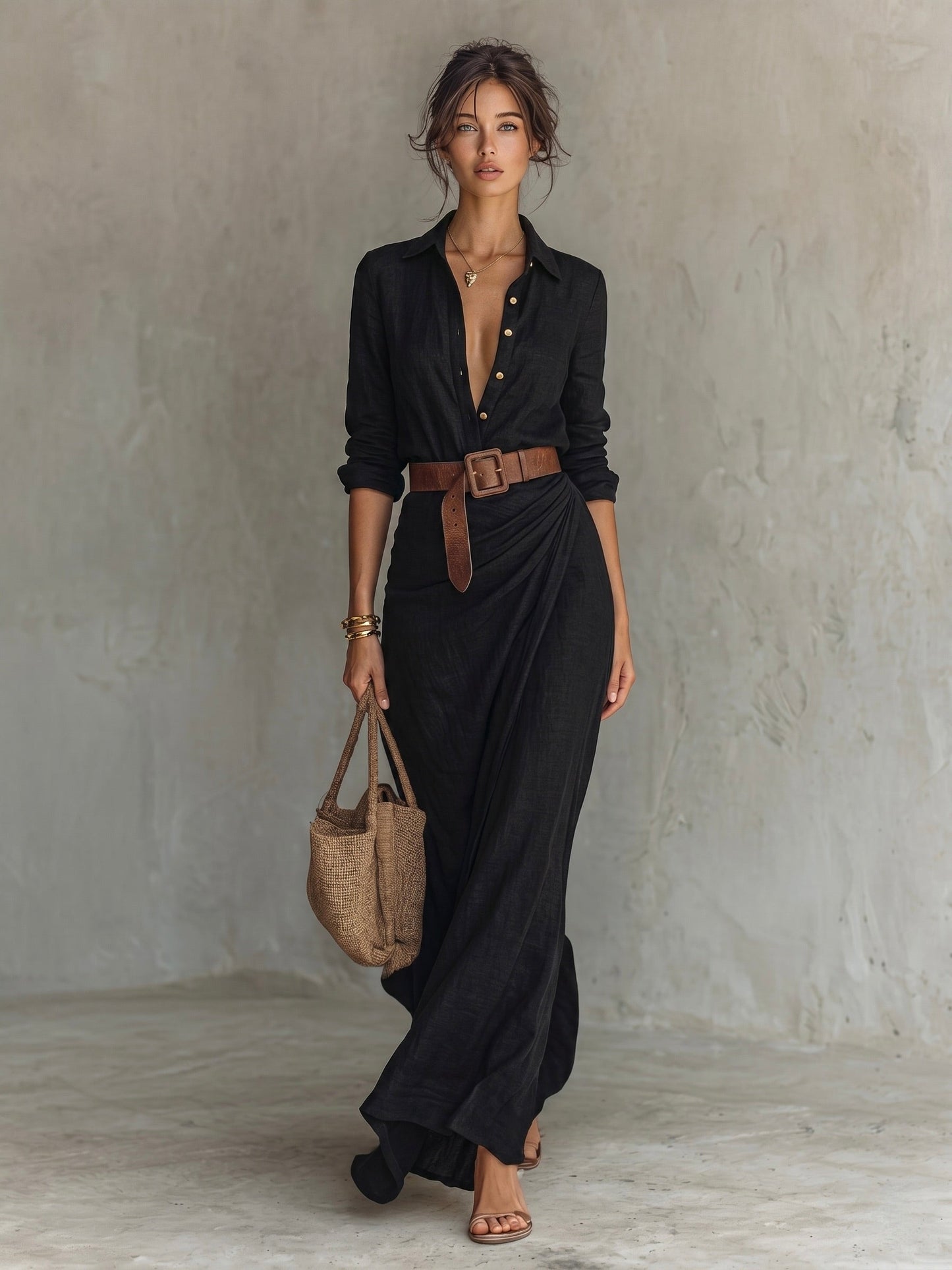 Vestido largo de manga larga con cuello de solapa para mujer