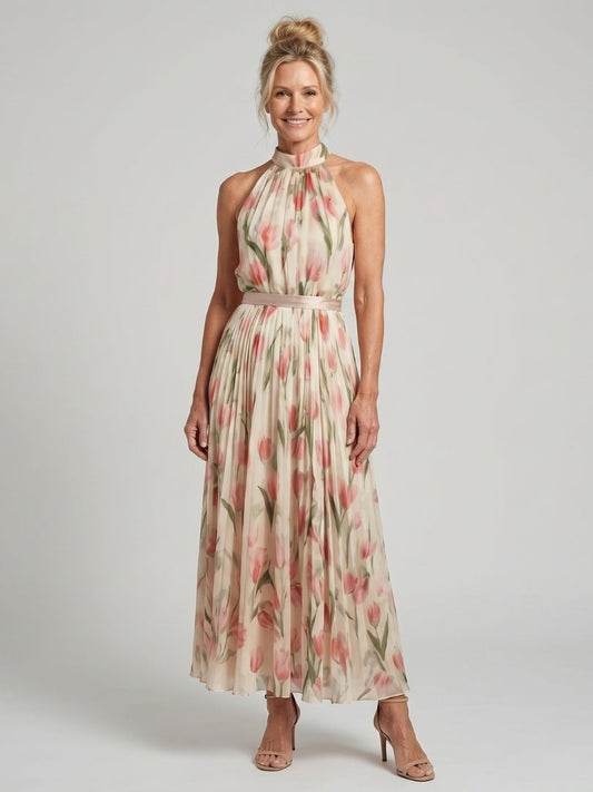 Aurelle™ Vestido Midi Floral de Cuello Halter
