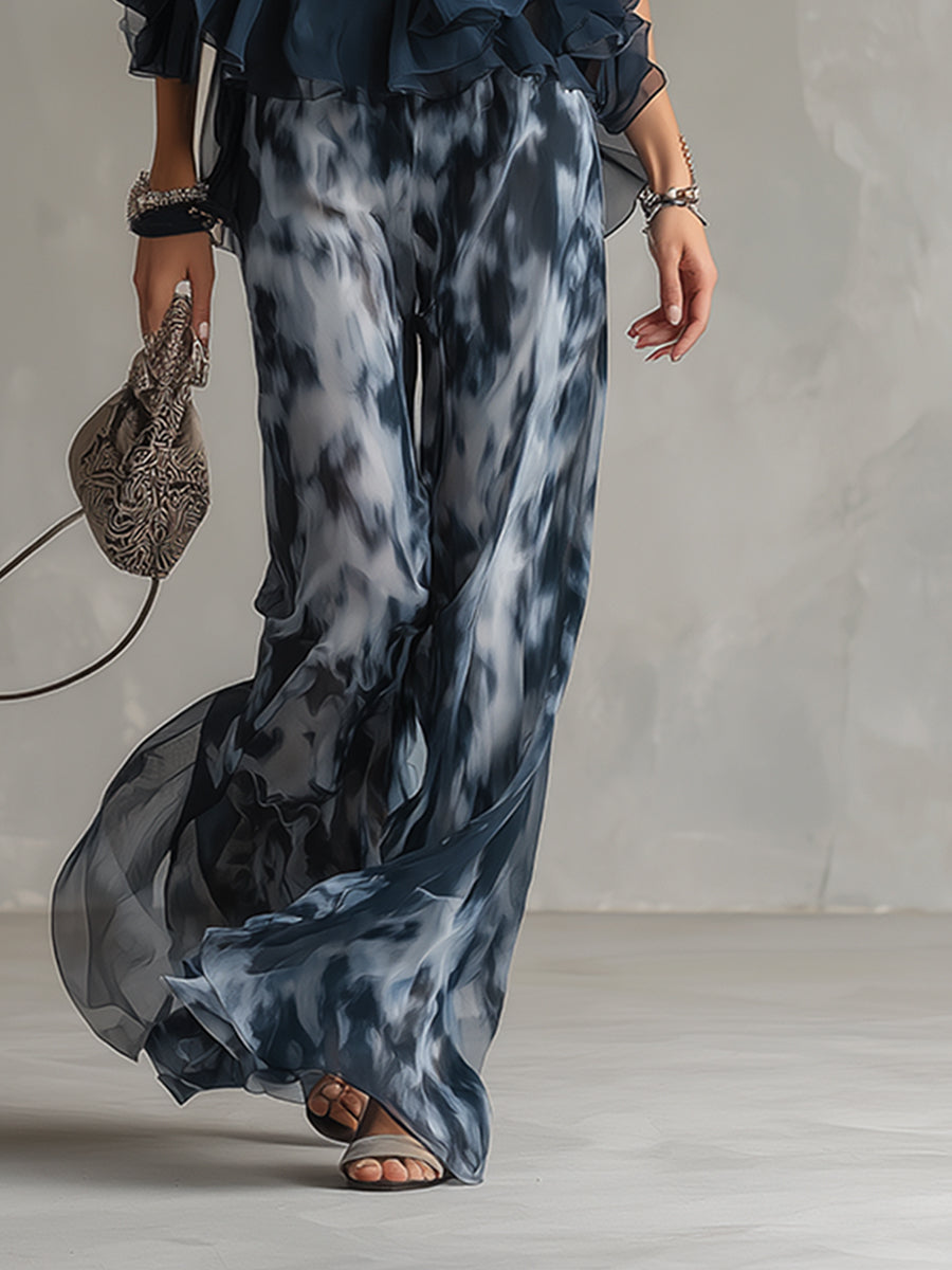 Ludovica – Conjunto de gasa elegante con top de cuello alto y pantalones anchos estampados • S1