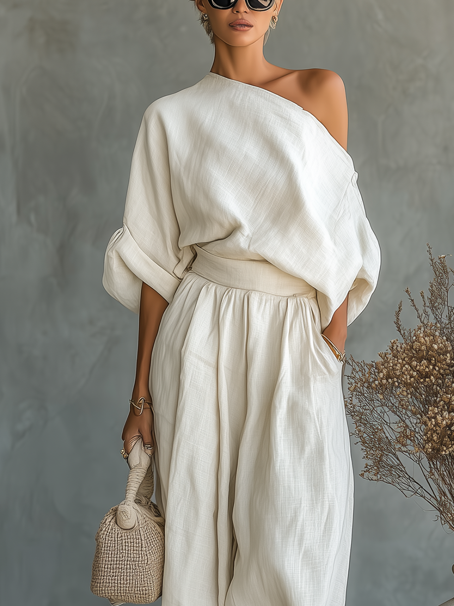 Conjunto de Lino Off-White para Mujeres con Top Off-Shoulder y Pantalones Tapered • S1