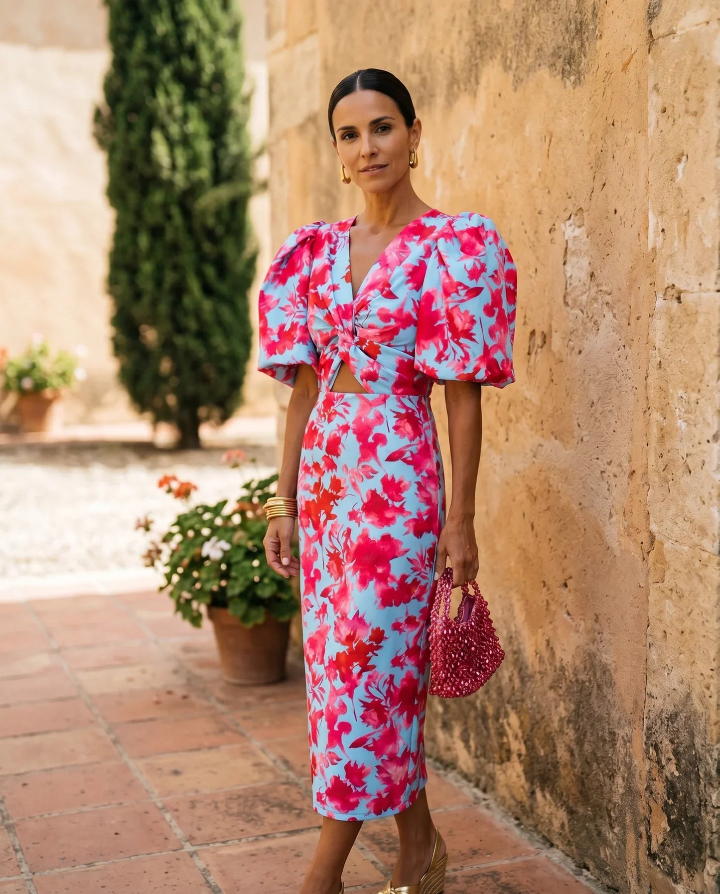 Carmen | Vestido midi estampado con mangas abullonadas