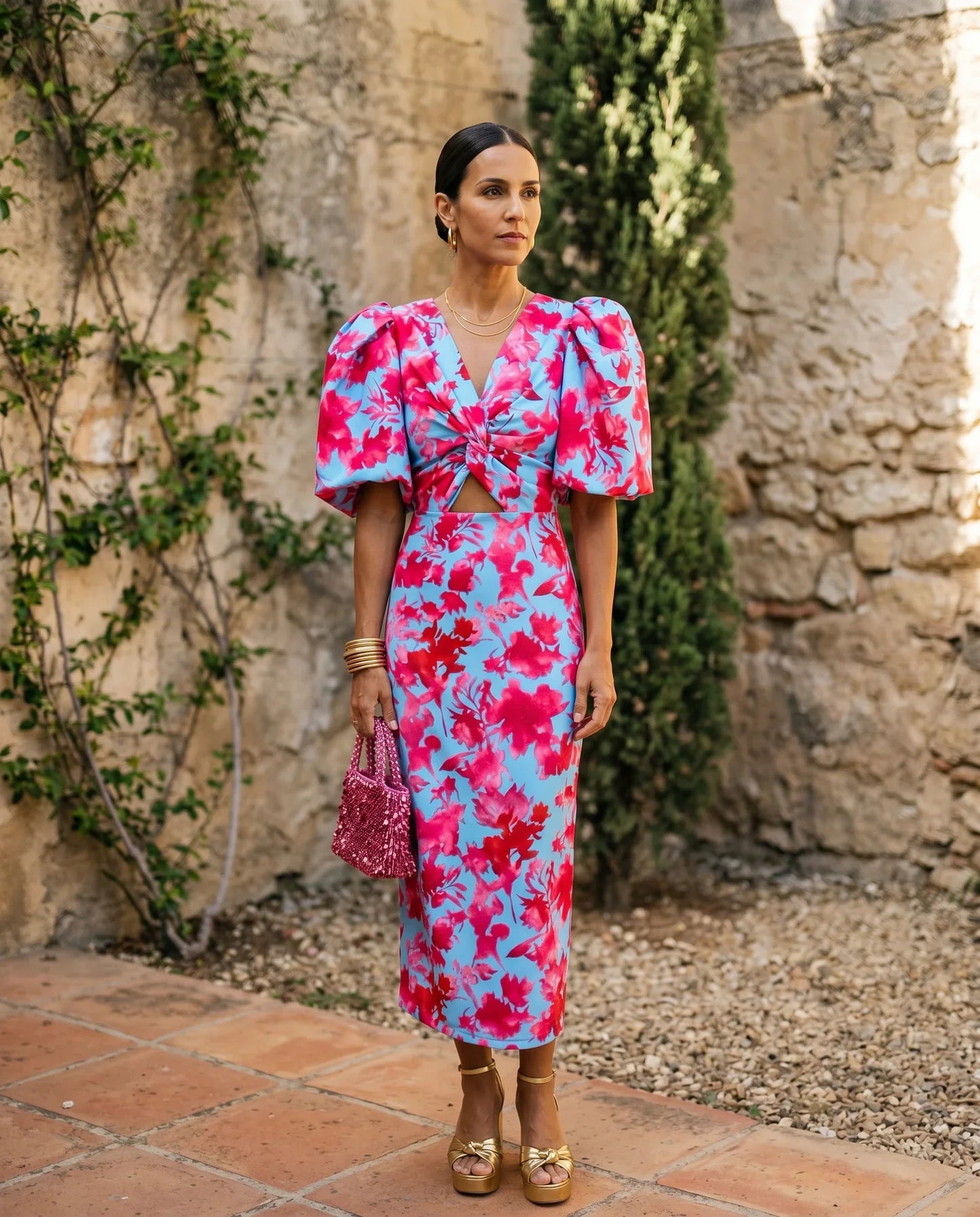 Carmen | Vestido midi estampado con mangas abullonadas