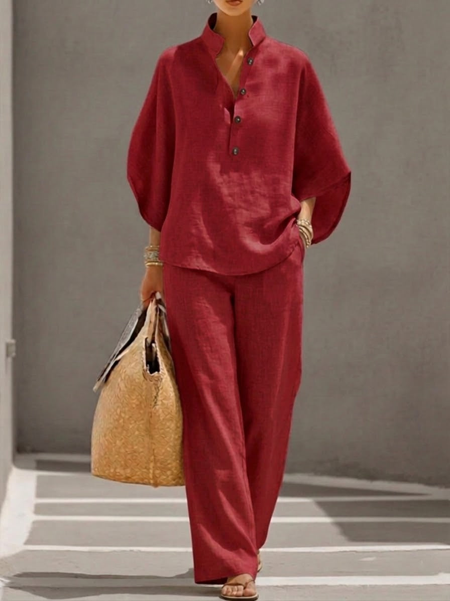 Eszter™ – Conjunto de algodón-lino con mangas de murciélago y pantalones de pierna ancha • S1