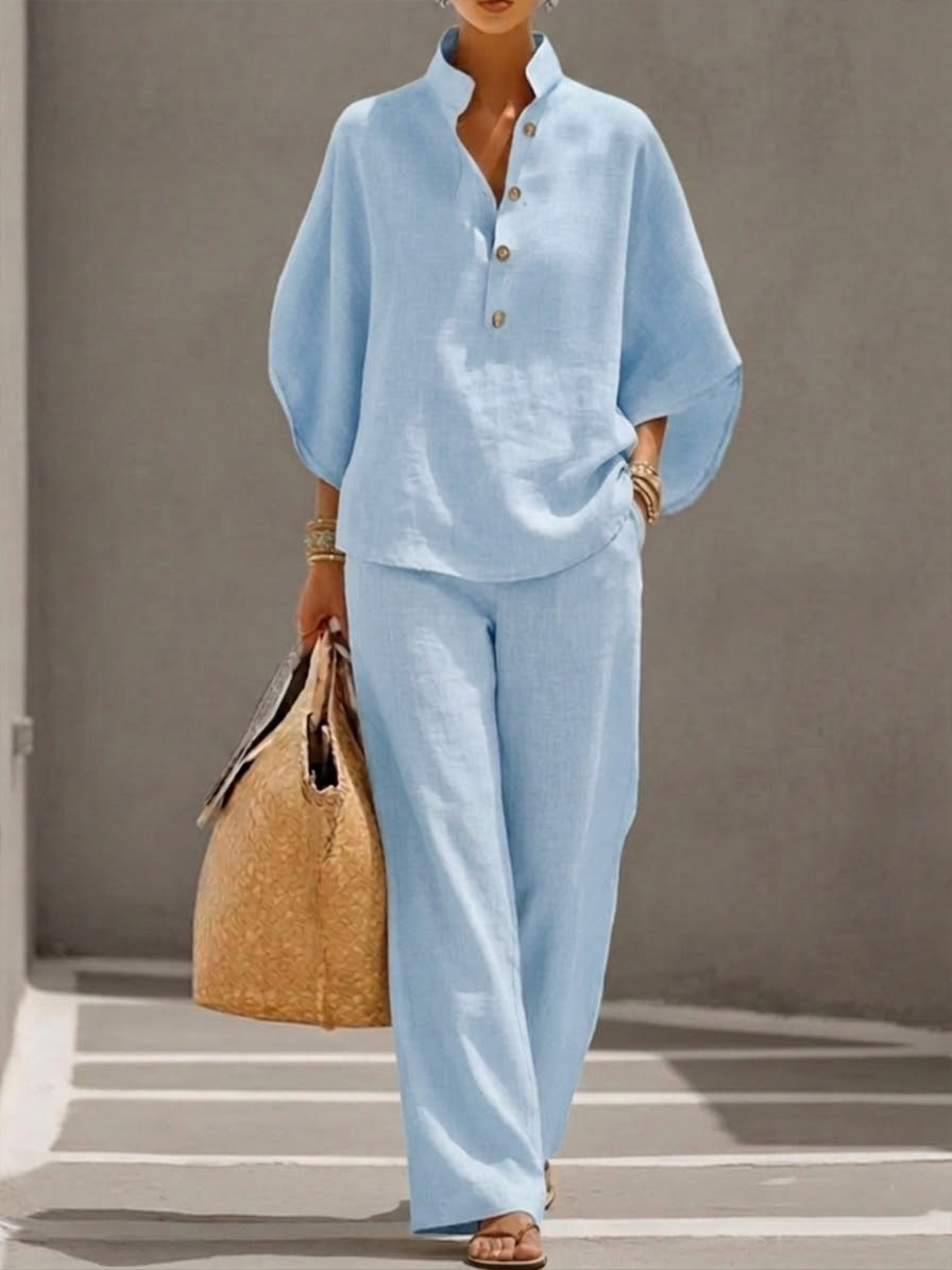 Eszter™ – Conjunto de algodón-lino con mangas de murciélago y pantalones de pierna ancha • S1