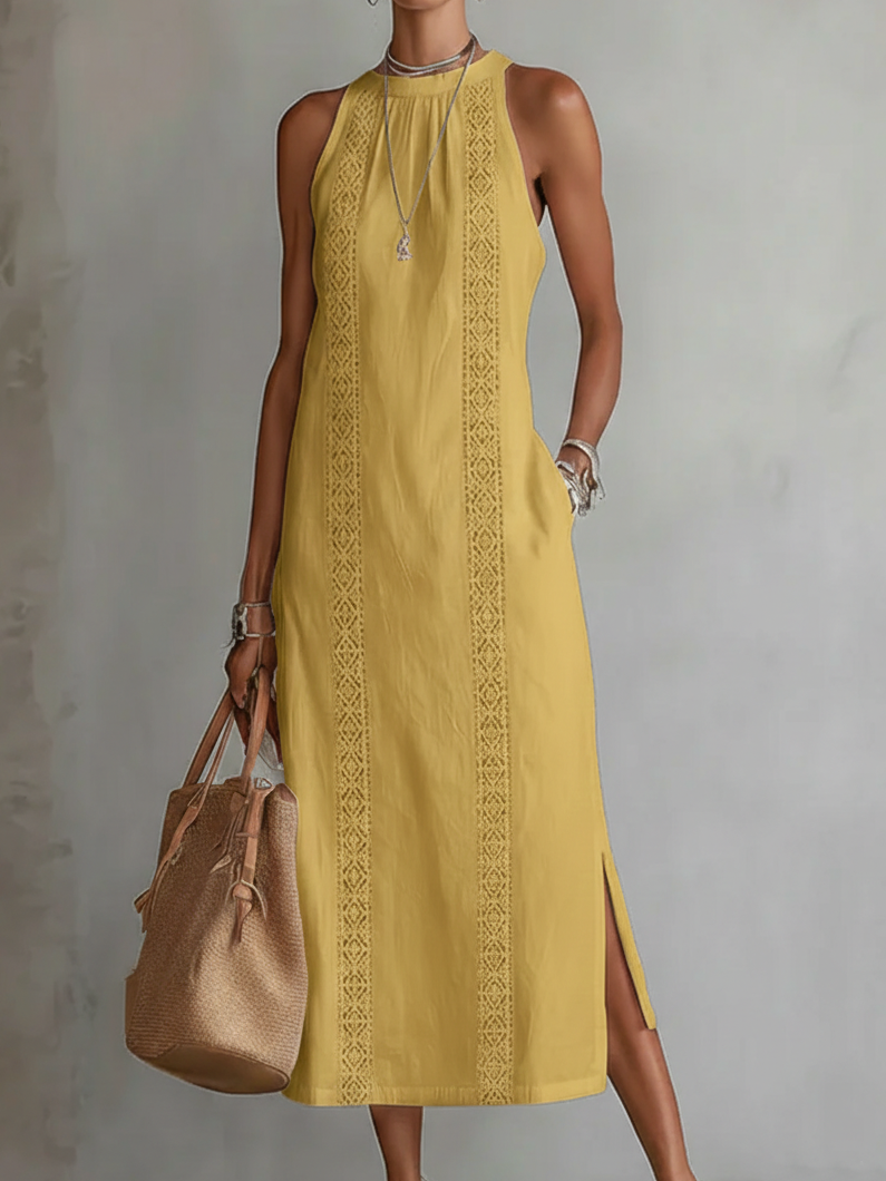 Jimena | Vestido Midi de Lino con Cuello Chino