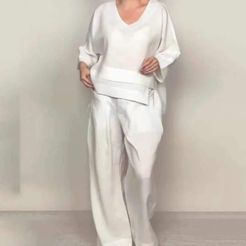 Liza | Conjunto de algodón-lino de 2 piezas – Top de cuello en V y pantalones de pierna ancha • S1
