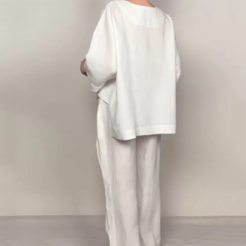 Liza | Conjunto de algodón-lino de 2 piezas – Top de cuello en V y pantalones de pierna ancha • S1